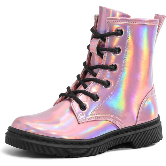 🆕Girls Pink Rubber Ankle Side Zipper Lace Up Stylish Comfort Glitter Boots - Picture 2 of 7
